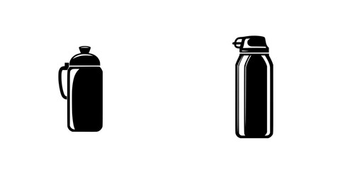 Flat black icons representing a water bottle and a spray can for creative design purposes