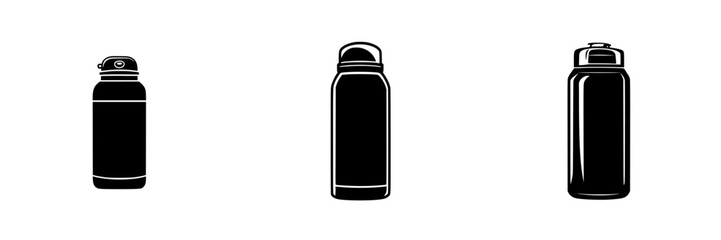 Flat black bottle icons showcasing various designs for water or beverage storage