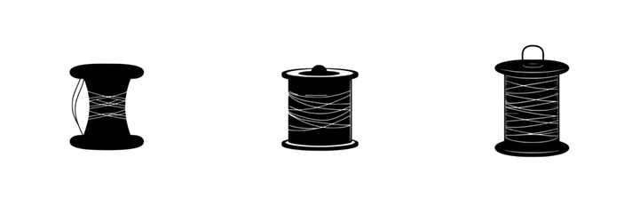 Three flat black icons of sewing spools in a minimalistic style suitable for design and craft applications