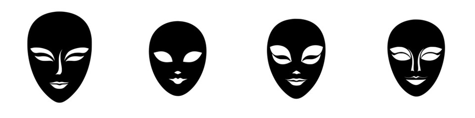 Collection of flat black alien icons representing various facial features and expressions in a minimalist style