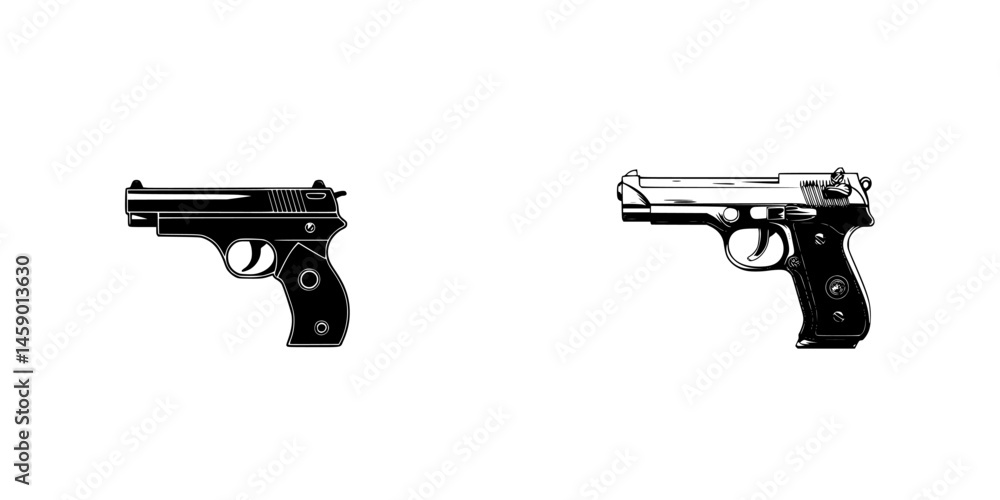 Poster black icon representation of two flat pistols designed with minimal detail and simplicity