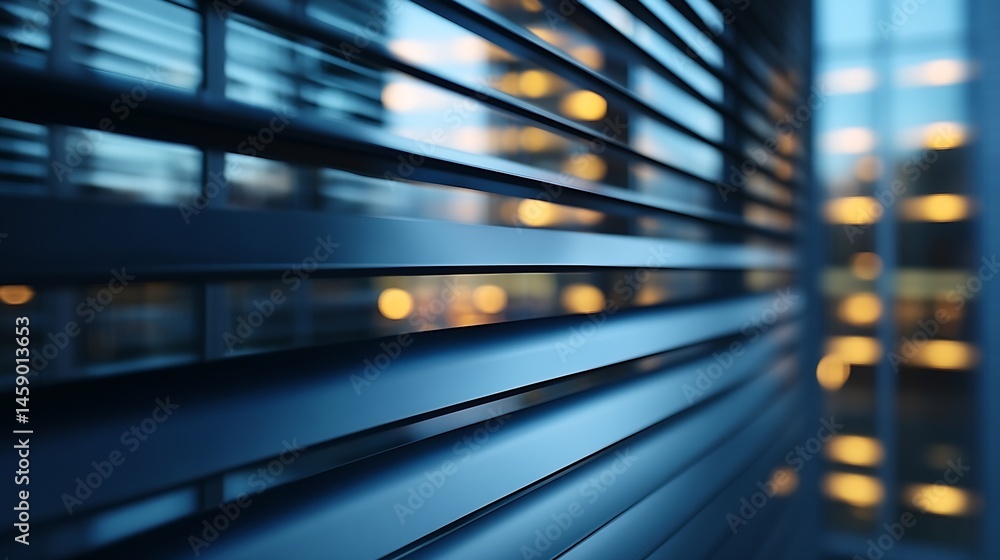 Aufkleber abstract close-up of dark blue window blinds reflecting city lights at dusk, creating a modern and s