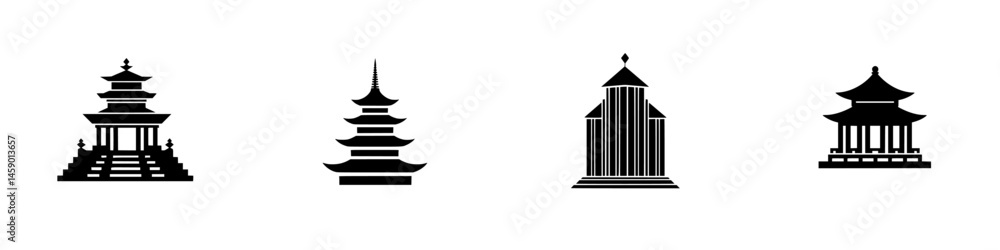 Poster black icons representing various types of architecture including pagodas, temples, and domed buildin