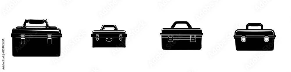 Poster collection of flat black toolboxes with varying sizes arranged in a row on a plain background for de