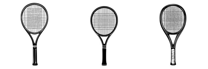 Stylish flat black icons of tennis rackets in various designs for sports and fitness themes