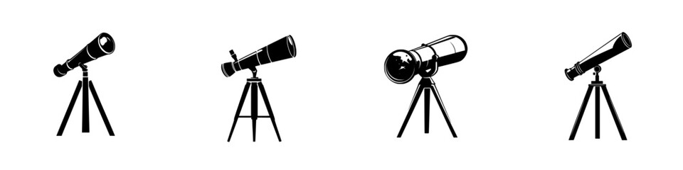 Various flat black icons of telescopes displayed on stands showcasing different designs and orientations
