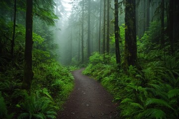 Obraz premium Exploring misty forest trails surrounded by lush greenery and towering trees
