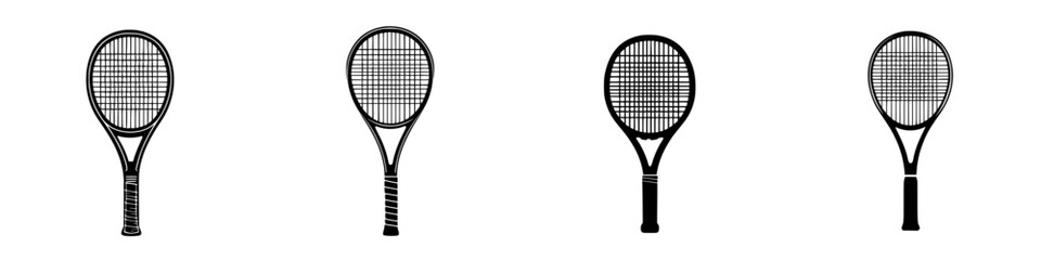 Flat black icons of tennis rackets displayed in a minimalistic design for sports and fitness applications