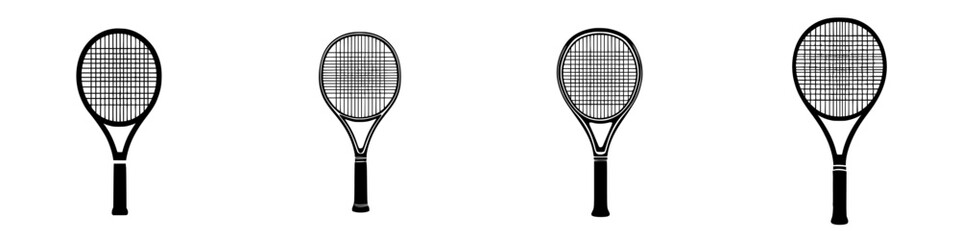 Flat black icons of tennis rackets in various designs suitable for sports graphics and digital illustrations