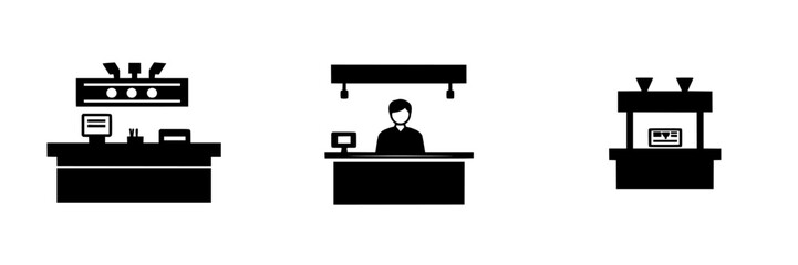 Set of flat black icons representing different service points including a counter, a staff member, and a concession stand
