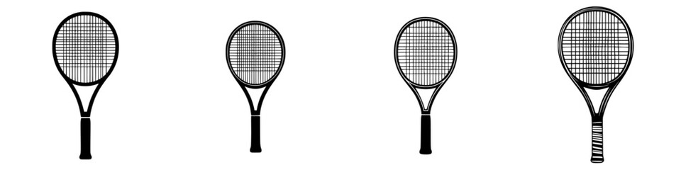 Collection of flat black tennis racket icons representing various designs and styles for sports-related graphics and applications