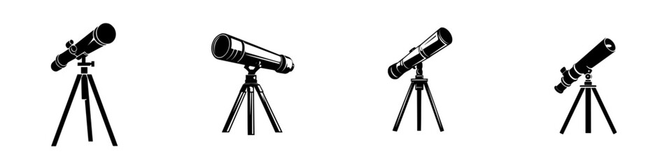 Flat black icons of various telescope designs suitable for astronomy enthusiasts and educational purposes