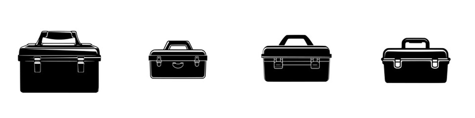 Collection of flat black toolboxes with varying sizes arranged in a row on a plain background for design purposes