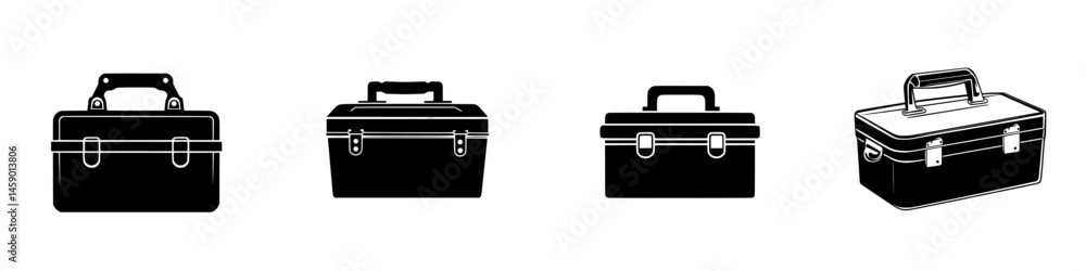 Poster collection of flat black toolbox icons illustrating various designs and structures for effective too