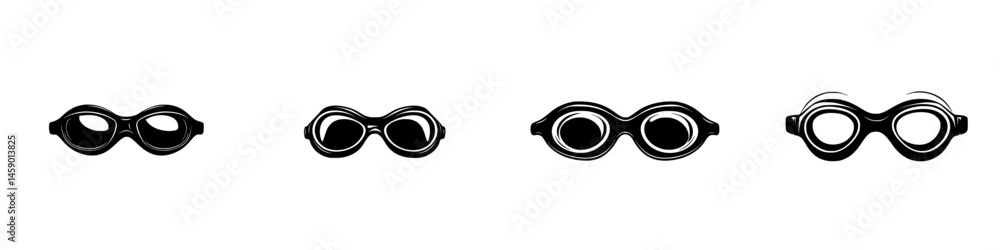 Poster multiple flat black icons representing different styles of goggles displayed in a row on a white bac