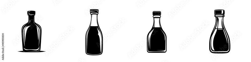 Poster black flat icon set depicting various bottle shapes for use in design projects or online application