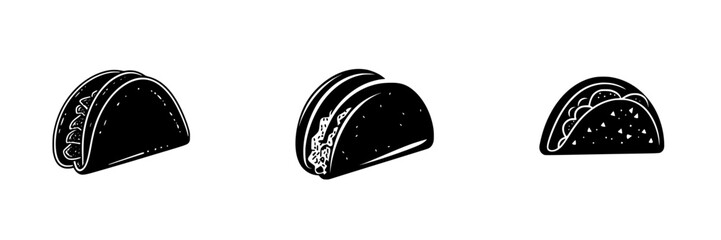 Flat black taco icons showcasing different styles and fillings for food illustrations or graphic designs