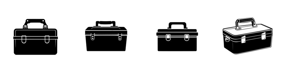 Collection of flat black toolbox icons illustrating various designs and structures for effective tool organization and storage needs