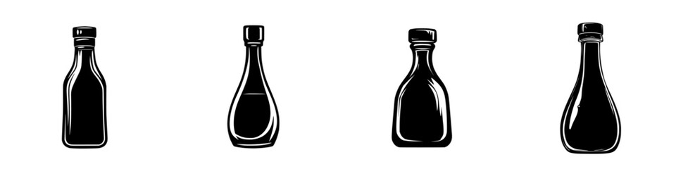Collection of flat black icons depicting various bottle shapes for design and illustration purposes