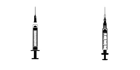Flat black icons of two syringes with distinct designs, showcasing medical equipment commonly used for injections and vaccinations