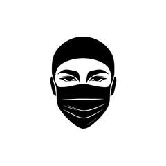 Black icon of a masked face representing healthcare or medical professionals amidst modern health challenges