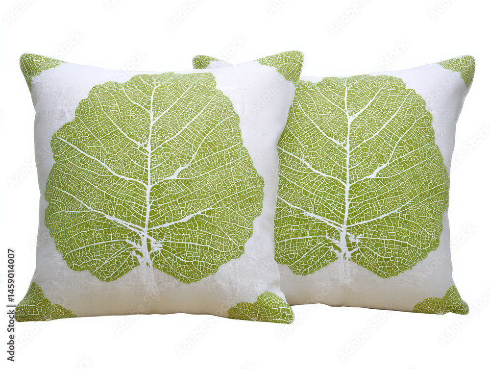 Poster pair of square pillows featuring a lime green leaf print on an off-white background, ideal for home 