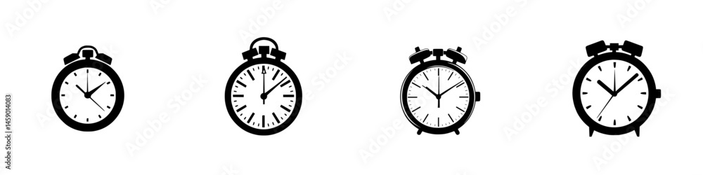 Poster collection of flat black clock and stopwatch icons featuring various designs and features for timeke