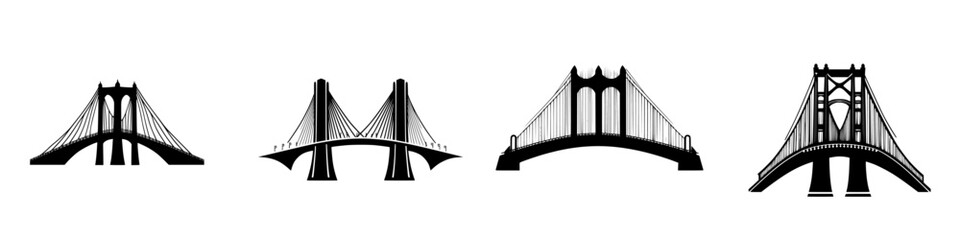 Four distinct flat black bridge icons representing different architectural styles and designs commonly found in urban landscapes