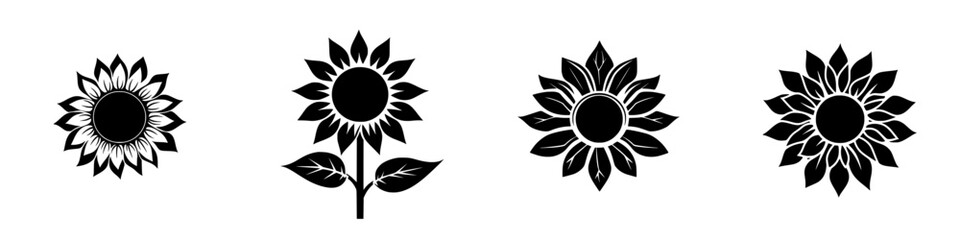 Black icons of sunflowers showcasing various styles and designs ideal for graphic projects and artistic use