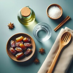 Ramadan Feast Still Life in Teal and Brown Tones Depicting Iftar Table Setting