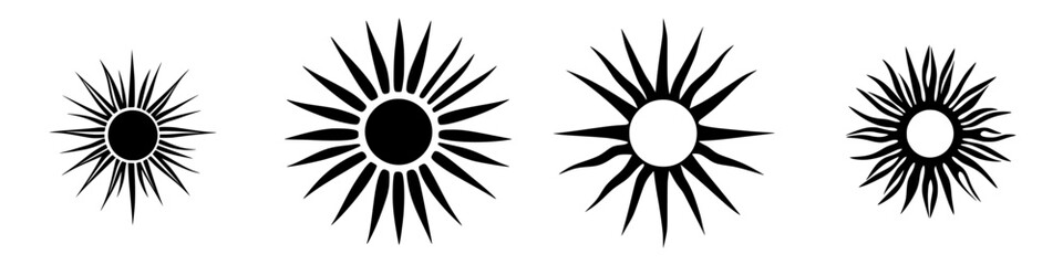 Decorative flat black sun icons with varying designs showcasing rays and circular centers