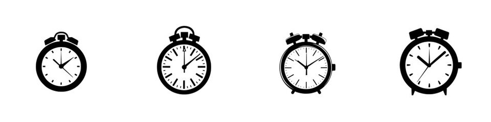 Collection of flat black clock and stopwatch icons featuring various designs and features for timekeeping and tracking