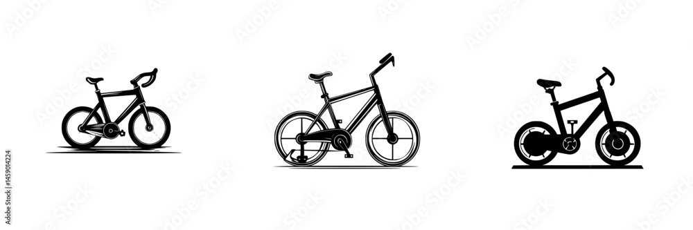 Poster flat black icon representing different styles of bicycles in a minimalist design showcasing modern c