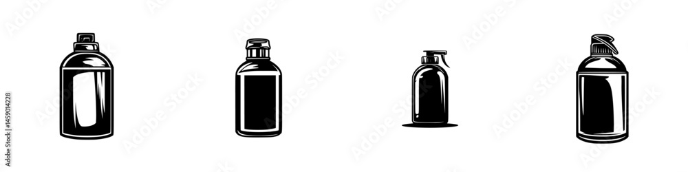Poster collection of flat black spray bottles showcasing various sizes and shapes in a minimalistic design
