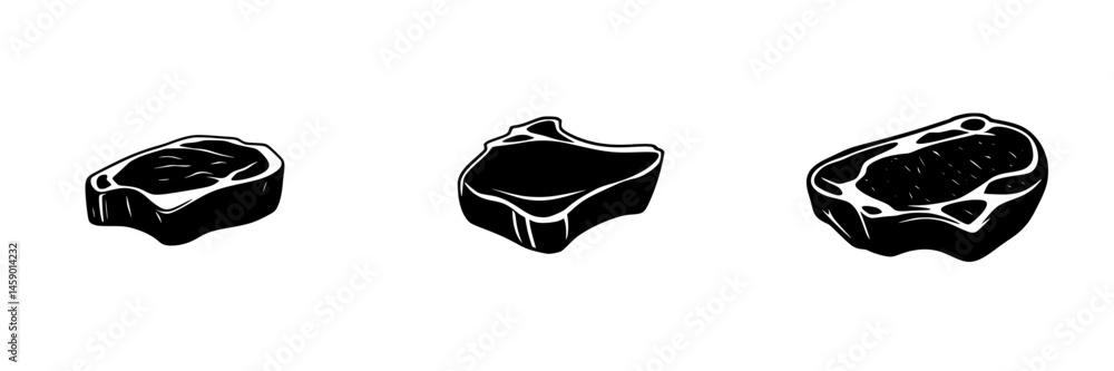 Poster Flat black icons of three different cuts of meat representing various types of steak in a minimalistic style