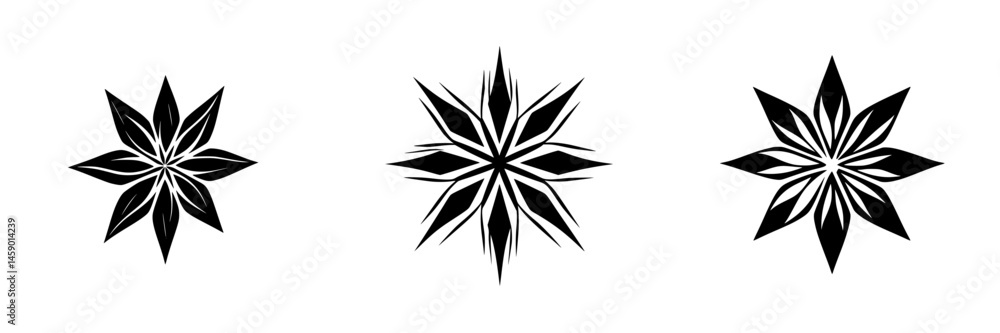 Aufkleber flat black icon design featuring three unique star shapes with varying patterns