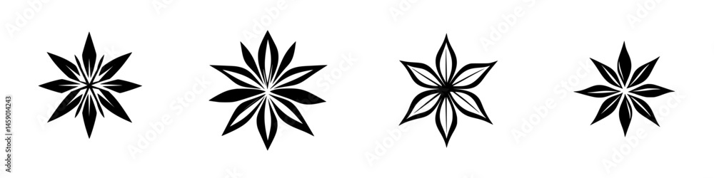 Poster flat black icons of floral designs arranged in a row showcasing intricate patterns and shapes in a m