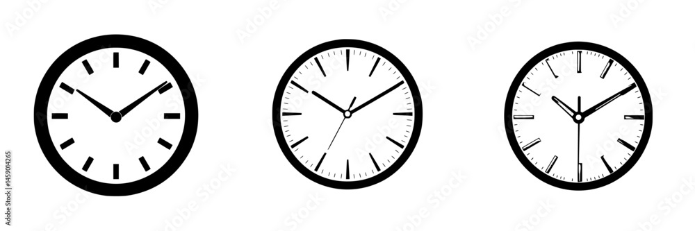 Poster black icon of three different clocks showing various times and styles in a simple flat design