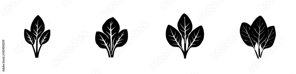 Poster flat black icon set depicting various leaf designs with intricate vein patterns for use in nature-th