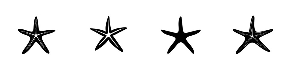 Flat black starfish icons representing various designs suitable for marine-themed projects or educational materials