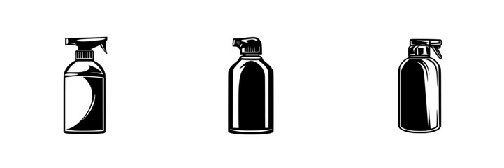 Black flat icons of spray bottles depicting various designs for cleaning and personal care products in simplistic style