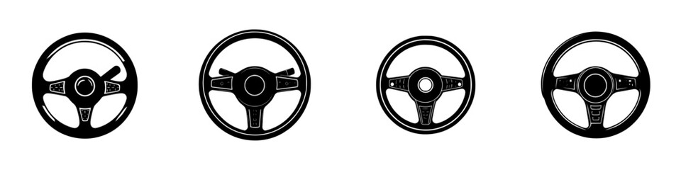 Black icons of steering wheels representing various styles and designs commonly used in vehicles