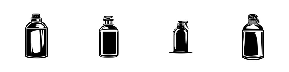Collection of flat black spray bottles showcasing various sizes and shapes in a minimalistic design