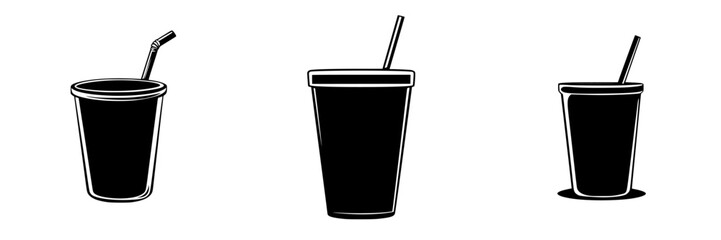 Black flat icons of drink cups with straws showcasing variety in design and style