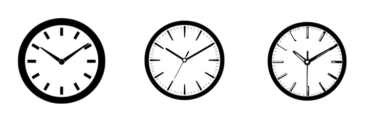 Black icon of three different clocks showing various times and styles in a simple flat design