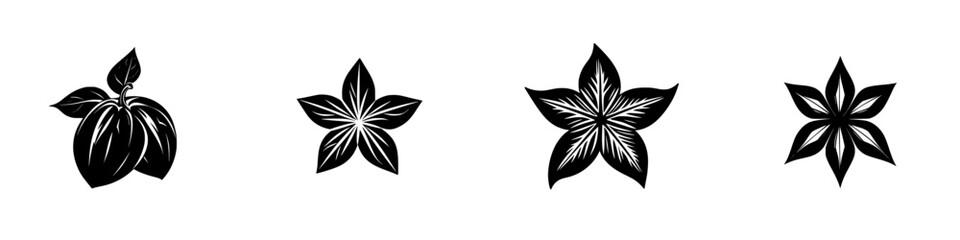 Flat black icon set featuring fruit and floral designs suitable for decorative purposes