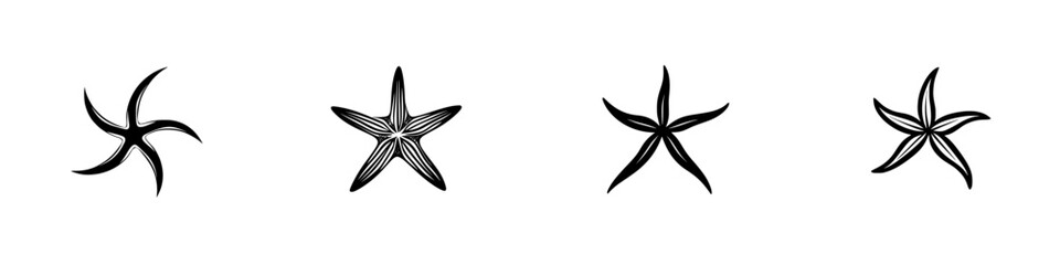 Flat black starfish icons for nautical design or marine themes in digital projects