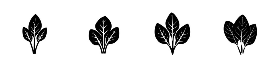 Flat black icon set depicting various leaf designs with intricate vein patterns for use in nature-themed graphics