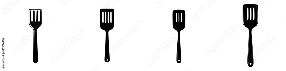 Poster flat black icons depicting various styles of cooking spatulas arranged from left to right in simple 