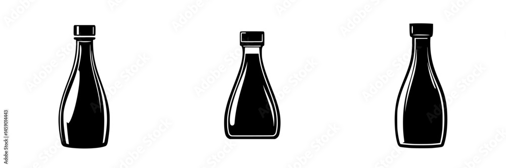Poster assorted flat black icons of different shaped bottles represented in a minimalistic style